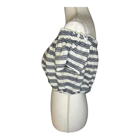 Aerie Size Medium Gray/Blue White Stripe Crop Top On/Off Shoulder Puff Sleeve - Picture 2 of 6